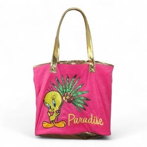 Y2K Tweety Pink Paradise Embroirdered Sequin Terry Cloth Tote Bag Gold Palm '00s